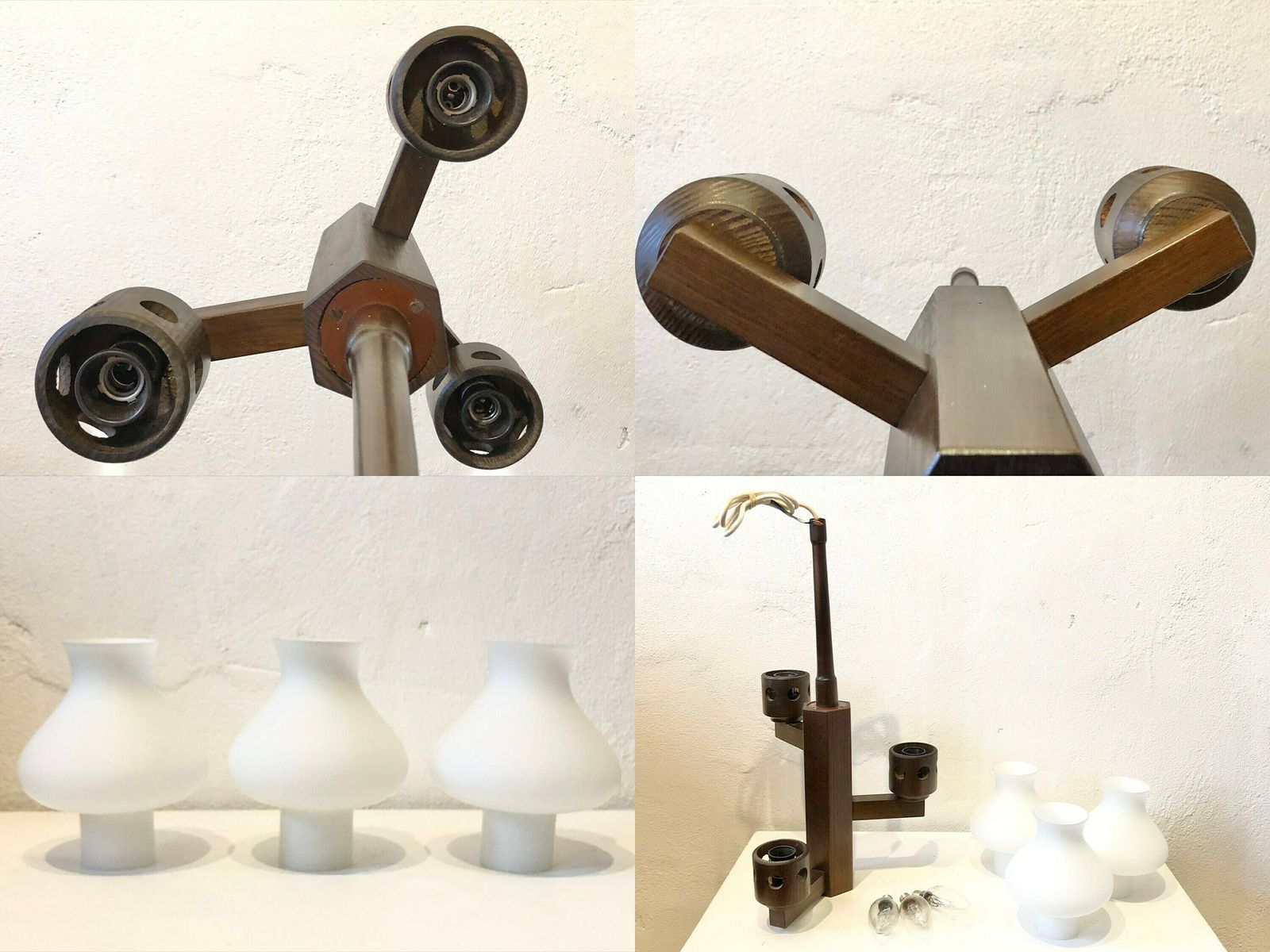 Mid Century Modern Three Armed Design Ceiling Lamp In Dark Toned Wood With Vintage White Glass Torch Shaped Shades photo vinterior