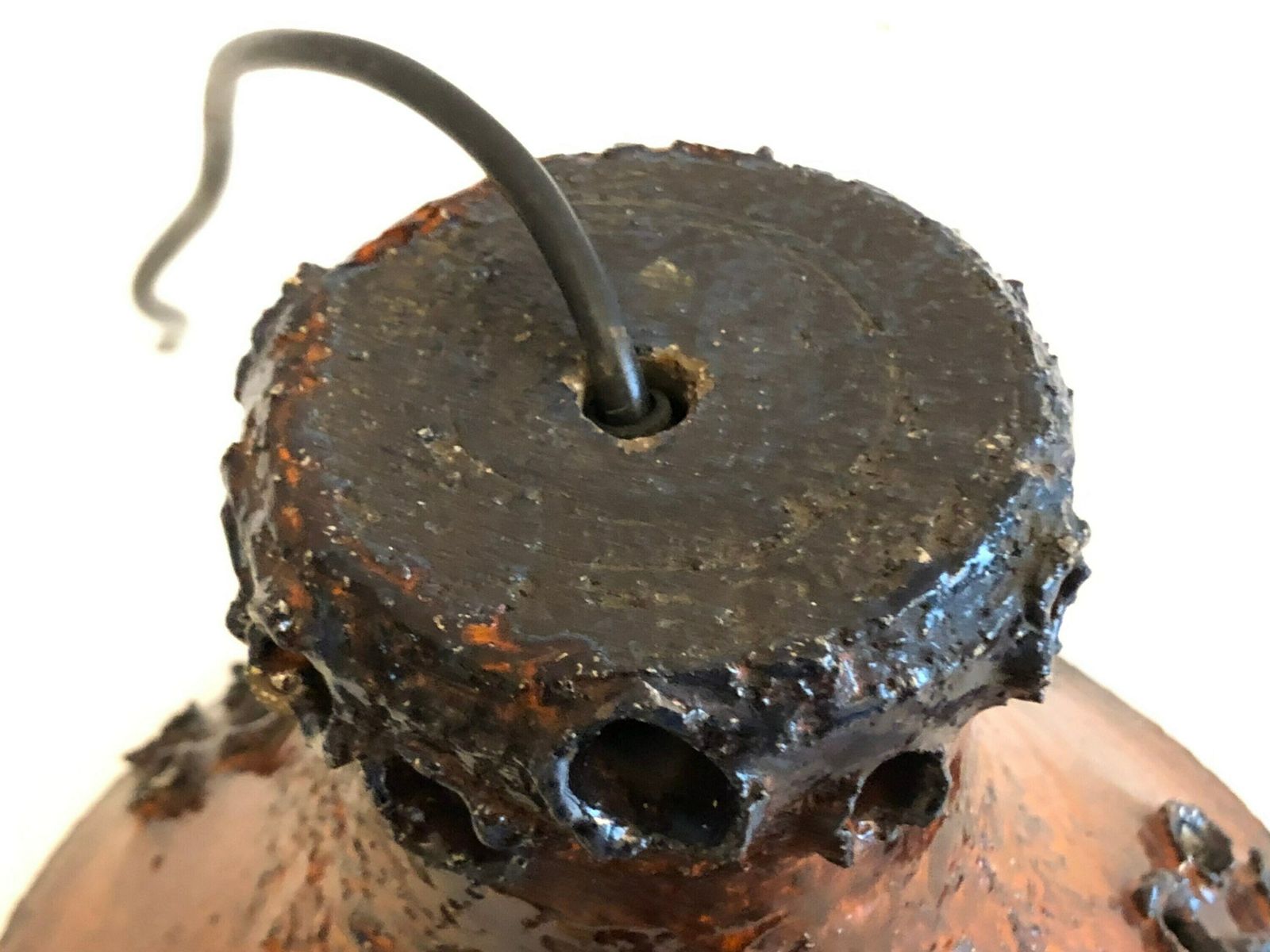 Mid Century Modern Danish Design Stone Ware Ceramic Ceiling Lamp With Dark Orange Brown Glaze And Floral Perforated Pattern photo vintage