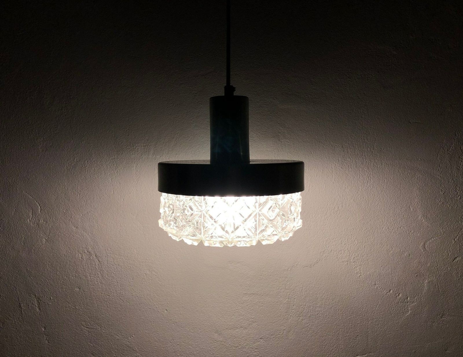 Danish Mid Century Modern Vintage Ceiling Lamp With Patterned Thick Glass Shade And Aluminium Silver Top   Design From The 1960s photo vinterior