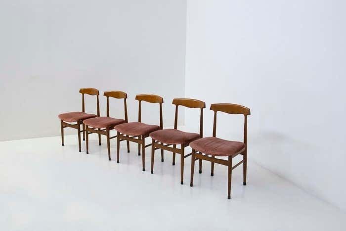 Set Of Five Italian Wood And Velvet Chairs photo furniture