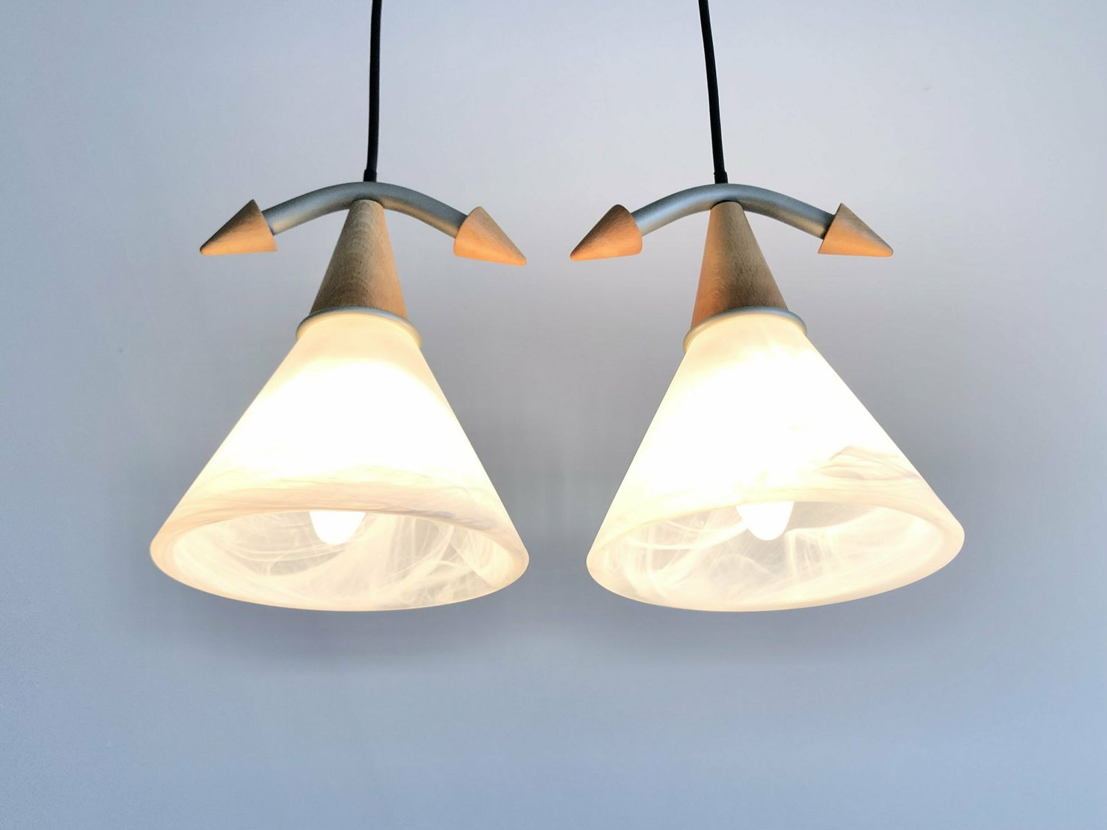 Pair Of Minimalist Vintage Design Ceiling Lamps From Belgium With Shades In White Frosted Glass With Beautiful Pattern And Wood Details photo for sale