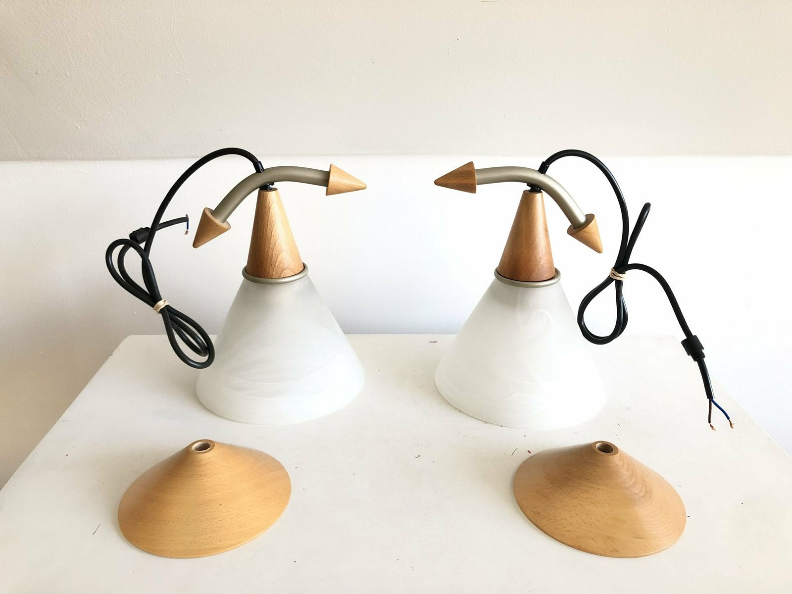 Pair Of Minimalist Vintage Design Ceiling Lamps From Belgium With Shades In White Frosted Glass With Beautiful Pattern And Wood Details photo buy