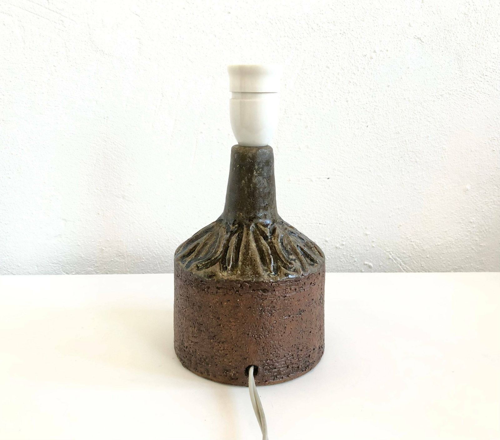 Danish Mid Century Stoneware Ceramic Table Lamp With Organic Shaped Relief In Dark Green And Black Glaze photo furniture