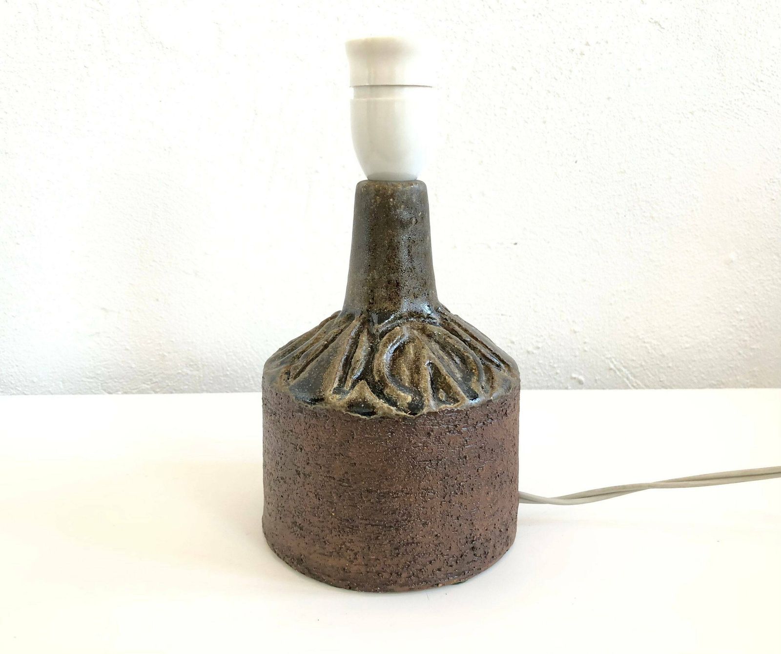 Danish Mid Century Stoneware Ceramic Table Lamp With Organic Shaped Relief In Dark Green And Black Glaze photo Lighting