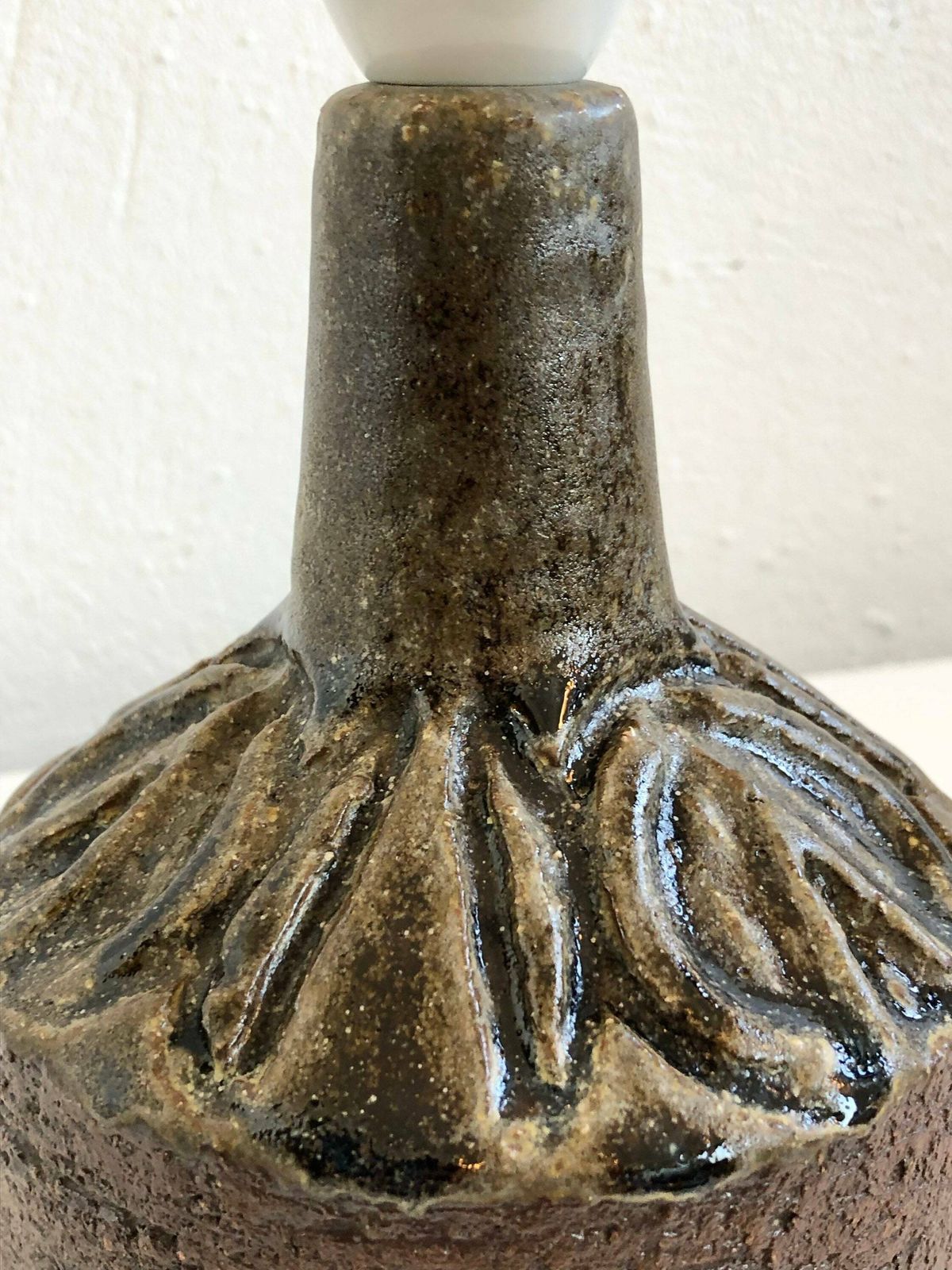 Danish Mid Century Stoneware Ceramic Table Lamp With Organic Shaped Relief In Dark Green And Black Glaze photo 209.0