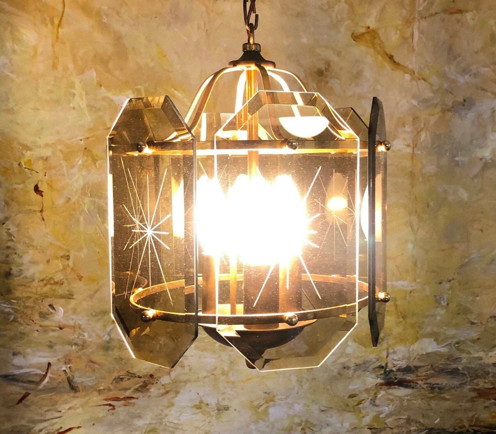 Danish Mid Century Ceiling Lamp In Smoke Colored Crystal Glass With Beautiful Carvings And Brass Details