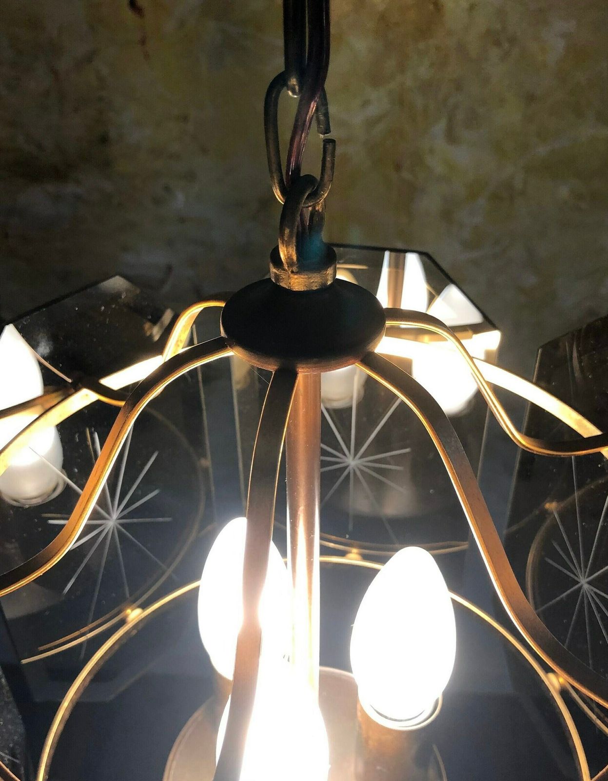 Danish Mid Century Ceiling Lamp In Smoke Colored Crystal Glass With Beautiful Carvings And Brass Details photo vinterior