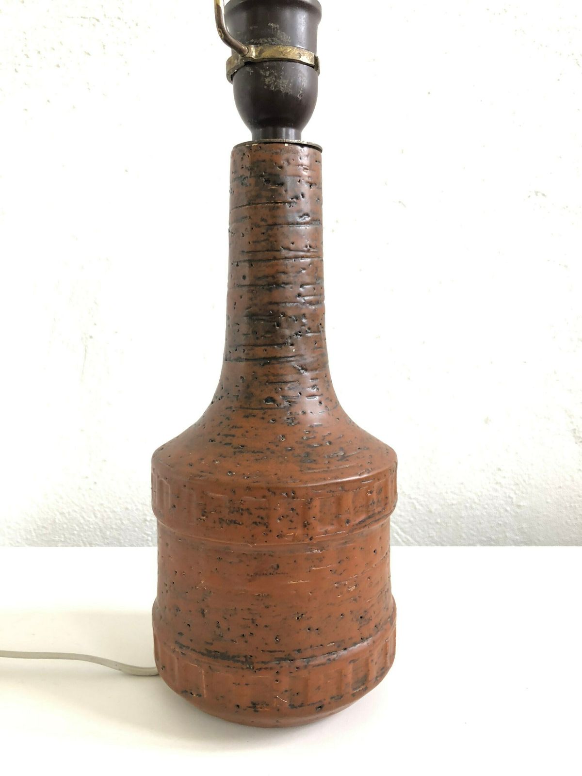 Ceramic Modernist Table Lamp In Brown Glaze And Modernist Mid Century Design With Beige Pleated Shade   Marked “Destiny” And “Anf” photo vintage