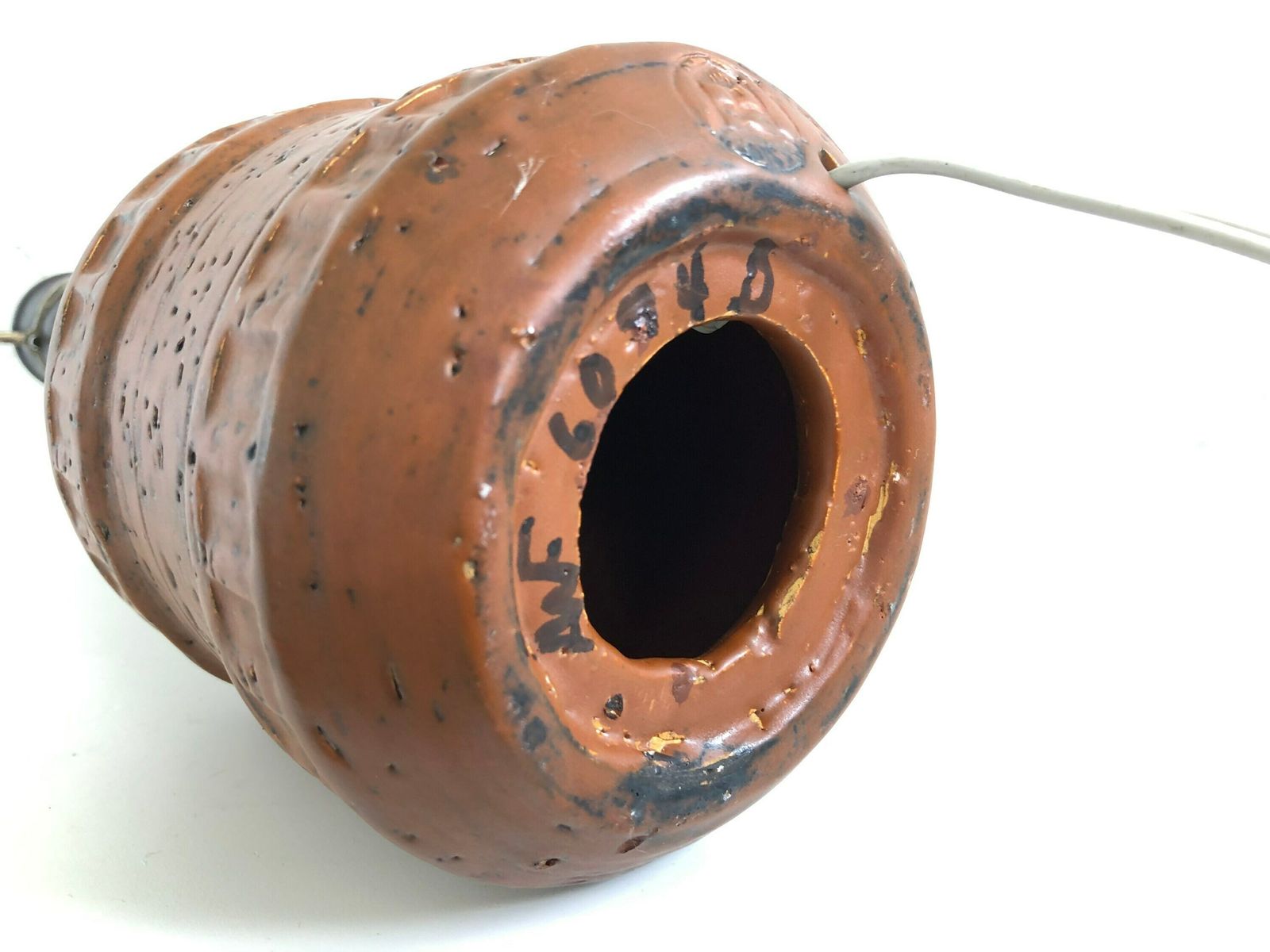 photo furniture Ceramic Modernist Table Lamp In Brown Glaze And Modernist Mid Century Design With Beige Pleated Shade   Marked “Destiny” And “Anf”