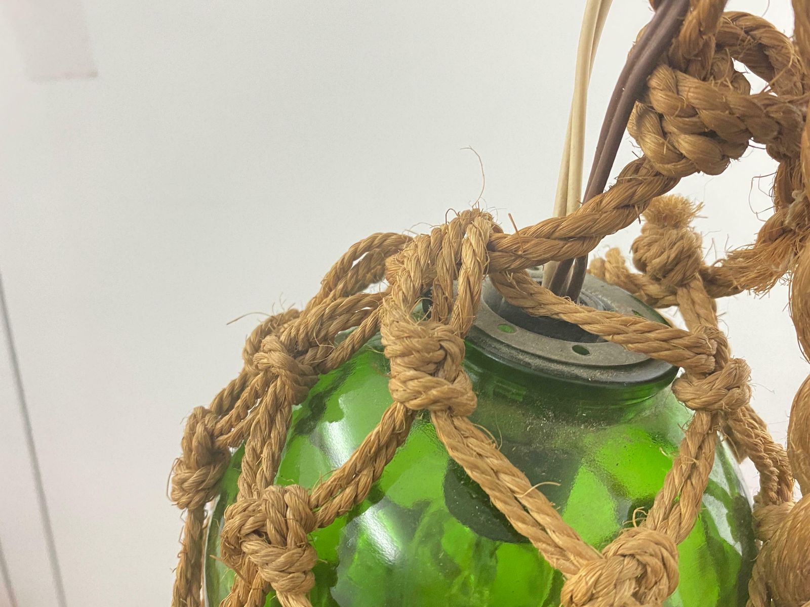Lighting Audoux Minet Attributed Rope Ceilling Light 2 Green Glass Balls France, 1950 photo