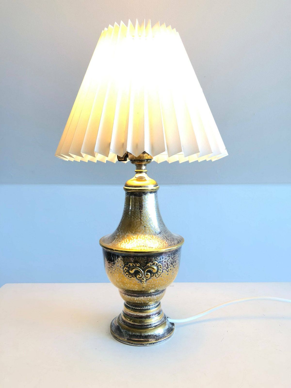 Danish Art Deco Brass And Silverplate Table Lamp In Organic Shape With Decoration And White Shade   Design By G. Traberg Sølv, Fredericia photo furniture