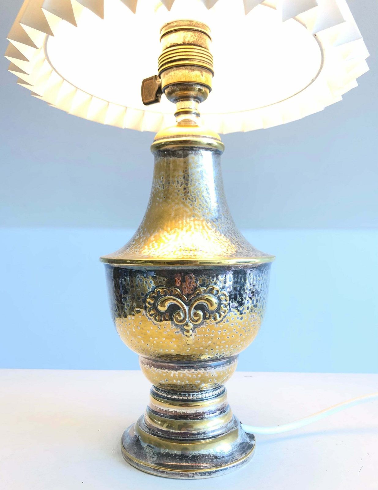 Danish Art Deco Brass And Silverplate Table Lamp In Organic Shape With Decoration And White Shade   Design By G. Traberg Sølv, Fredericia photo Lighting