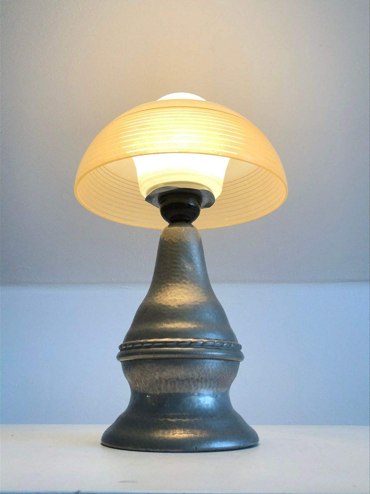 Danish Early Art Deco Hags Design Table Lamp In Pewter With Rare “Fried Egg” Glass Shade photo for sale