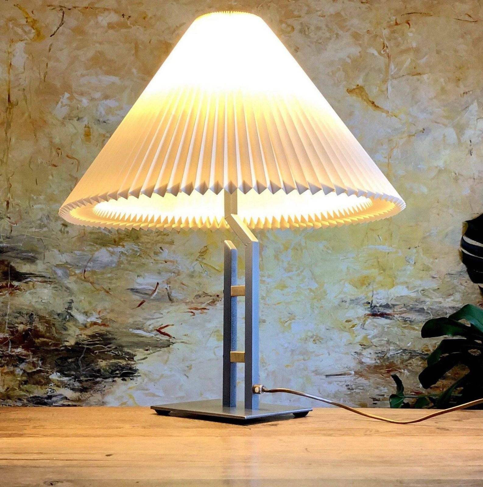 Danish Design Postmodern Table Lamp In Grey And Gold Metal With Large Le Klint Pleated Shade photo furniture