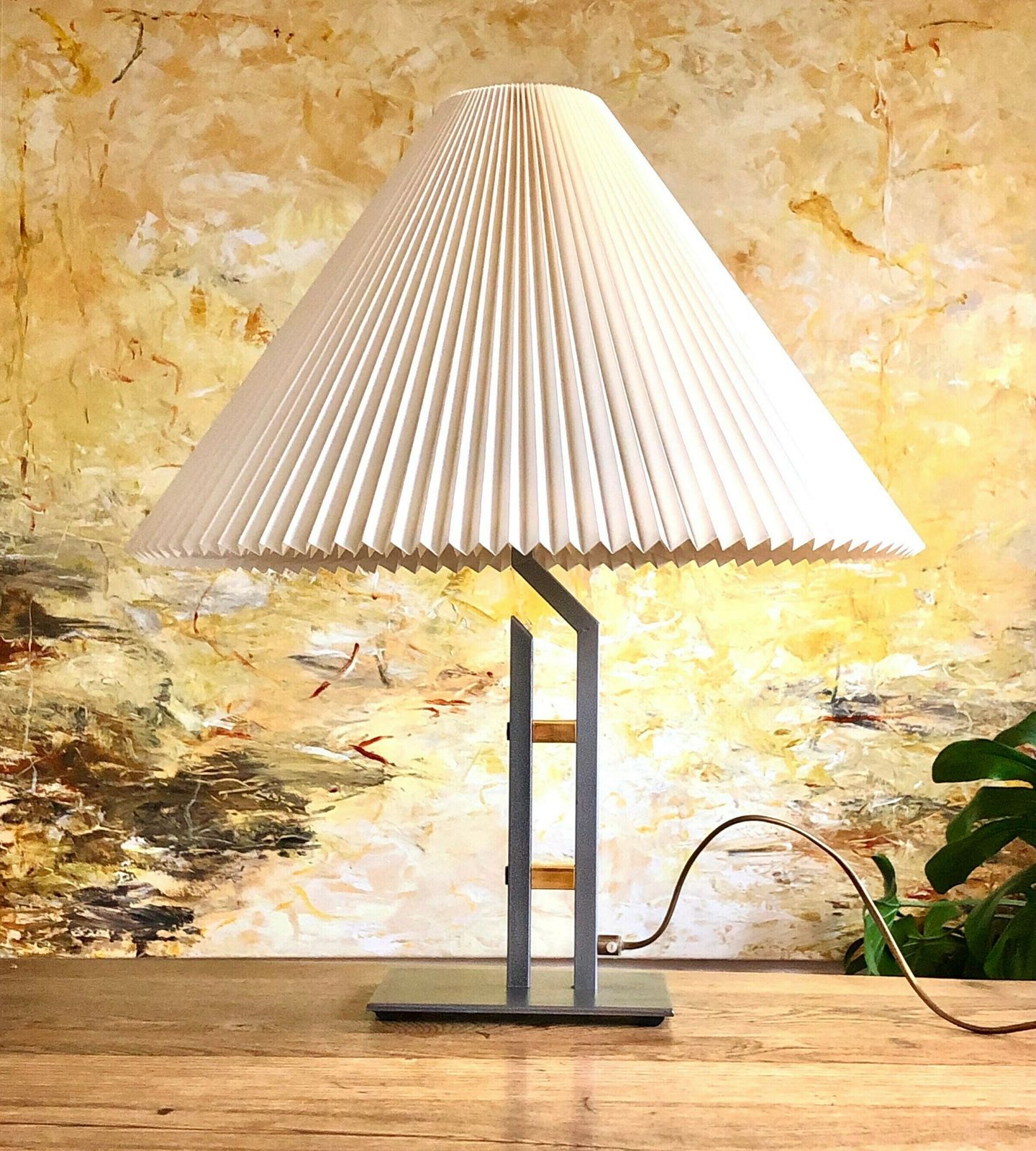 Danish Design Postmodern Table Lamp In Grey And Gold Metal With Large Le Klint Pleated Shade photo for sale