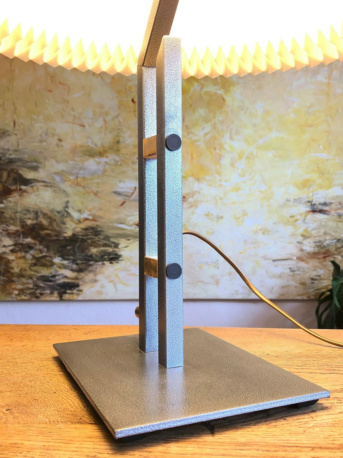 Danish Design Postmodern Table Lamp In Grey And Gold Metal With Large Le Klint Pleated Shade photo vinterior