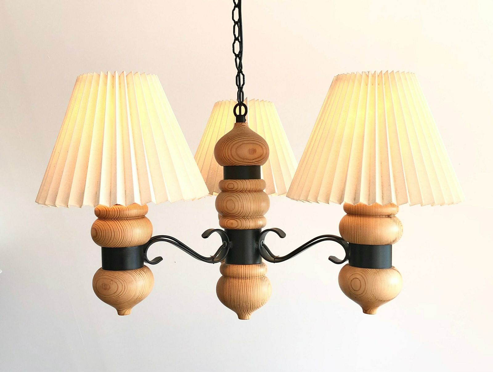 Gorgeous And Cozy Danish Mid Century Vintage Pine Wood Three Armed Ceiling Lamp With Black Metal Details And White Pleated Fabric Shades photo furniture