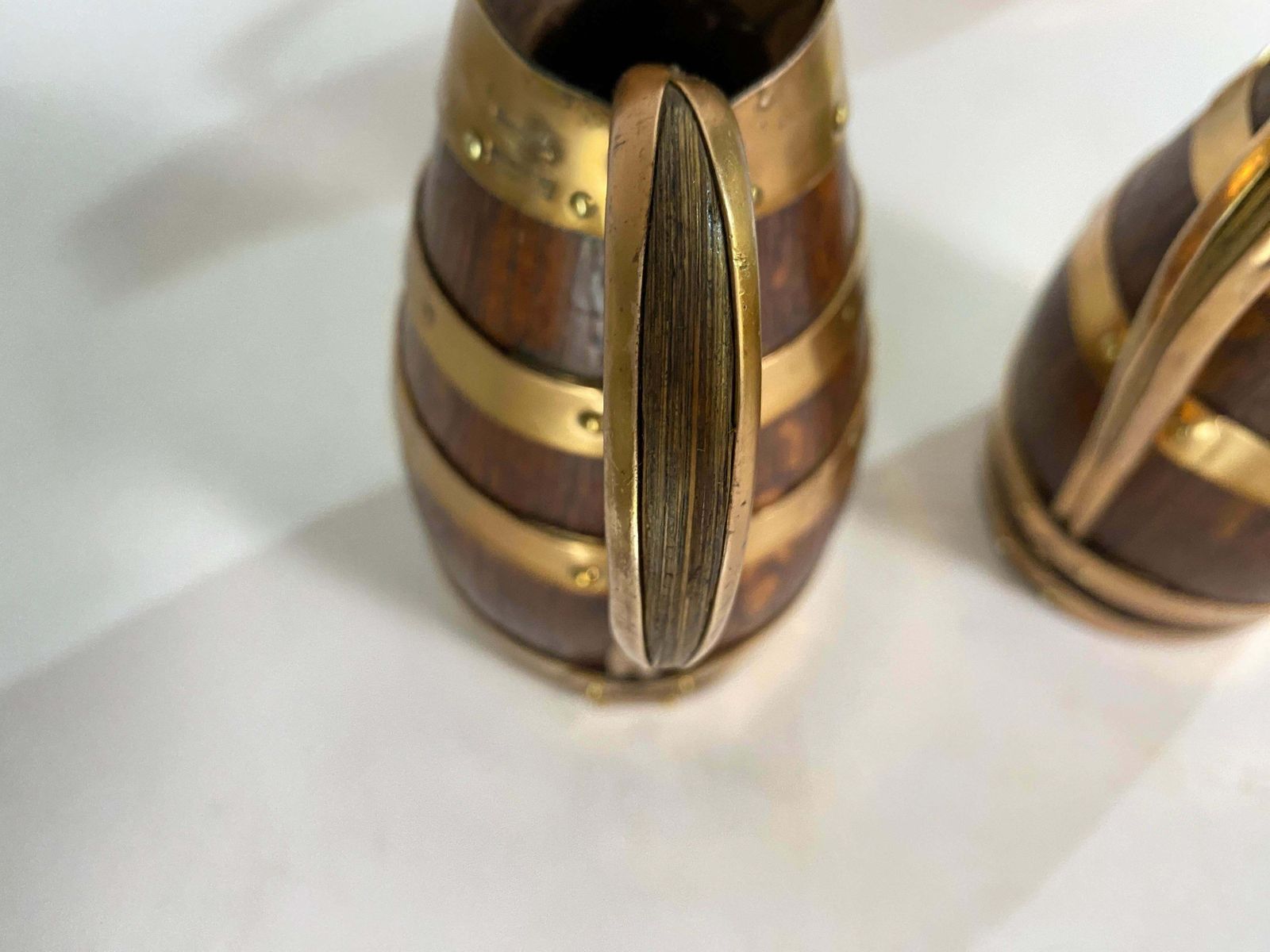 Gerard Lafitte Oak And Brass Barrel Form Pitcher Wooden Jug France 1933 Set Of 3 photo for sale