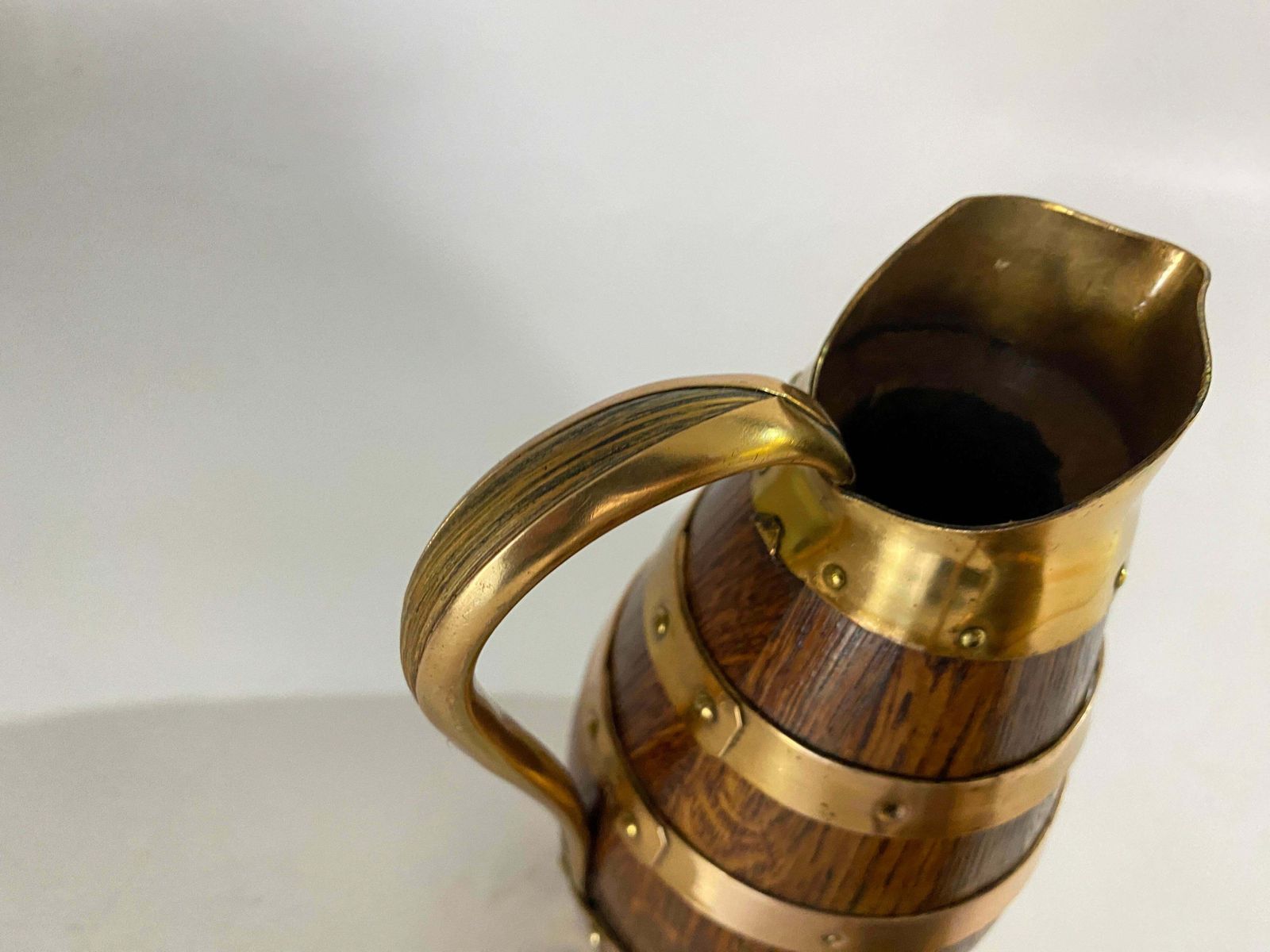 photo for sale Gerard Lafitte Oak And Brass Barrel Form Pitcher Wooden Jug France 1933 Set Of 3