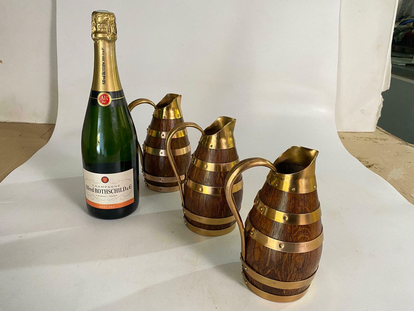 693.0 Gerard Lafitte Oak And Brass Barrel Form Pitcher Wooden Jug France 1933 Set Of 3 photo