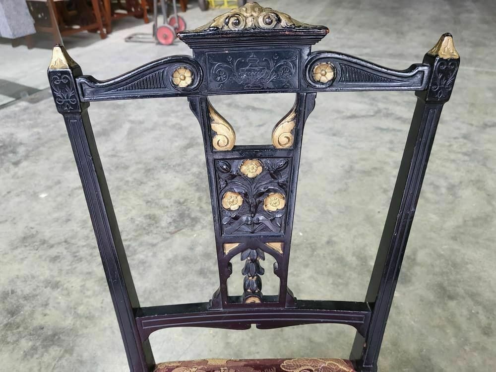 Antique Edwardian 3 Black Gold Carved Open Chairs Red Silk Fabric Tapered Legs photo furniture
