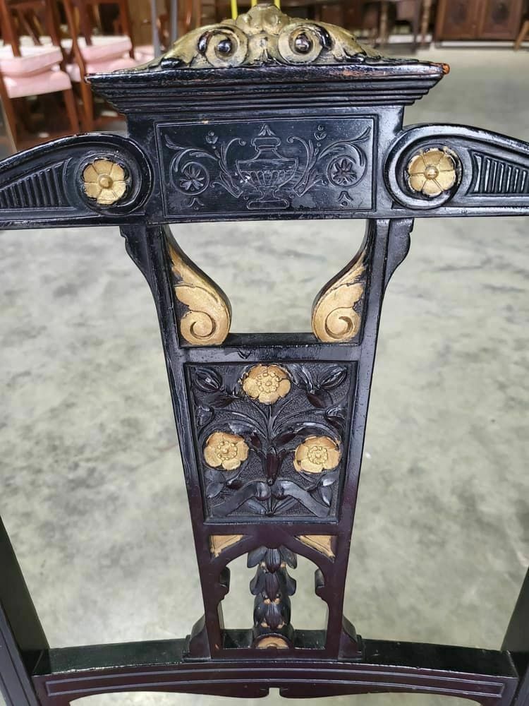 Antique Edwardian 3 Black Gold Carved Open Chairs Red Silk Fabric Tapered Legs photo vintage