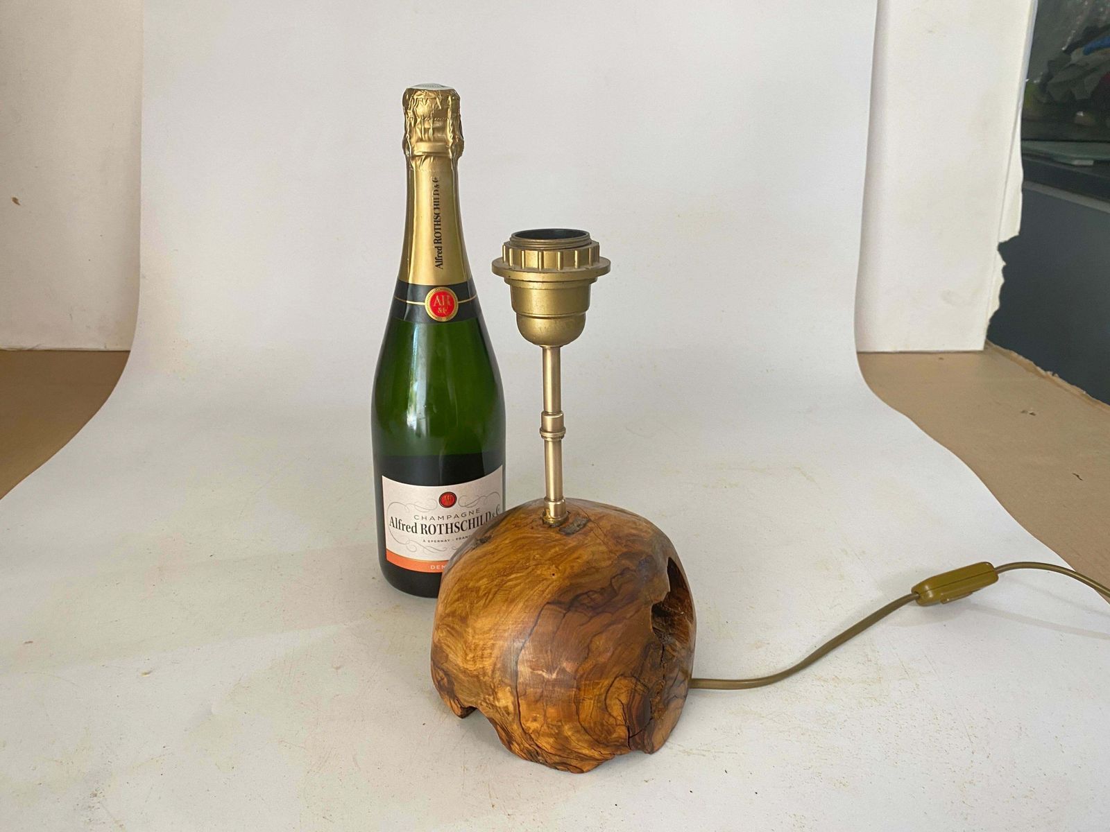 Sculptural Table Lamp Carved In An Olive Wood Block France 1950 photo vinterior