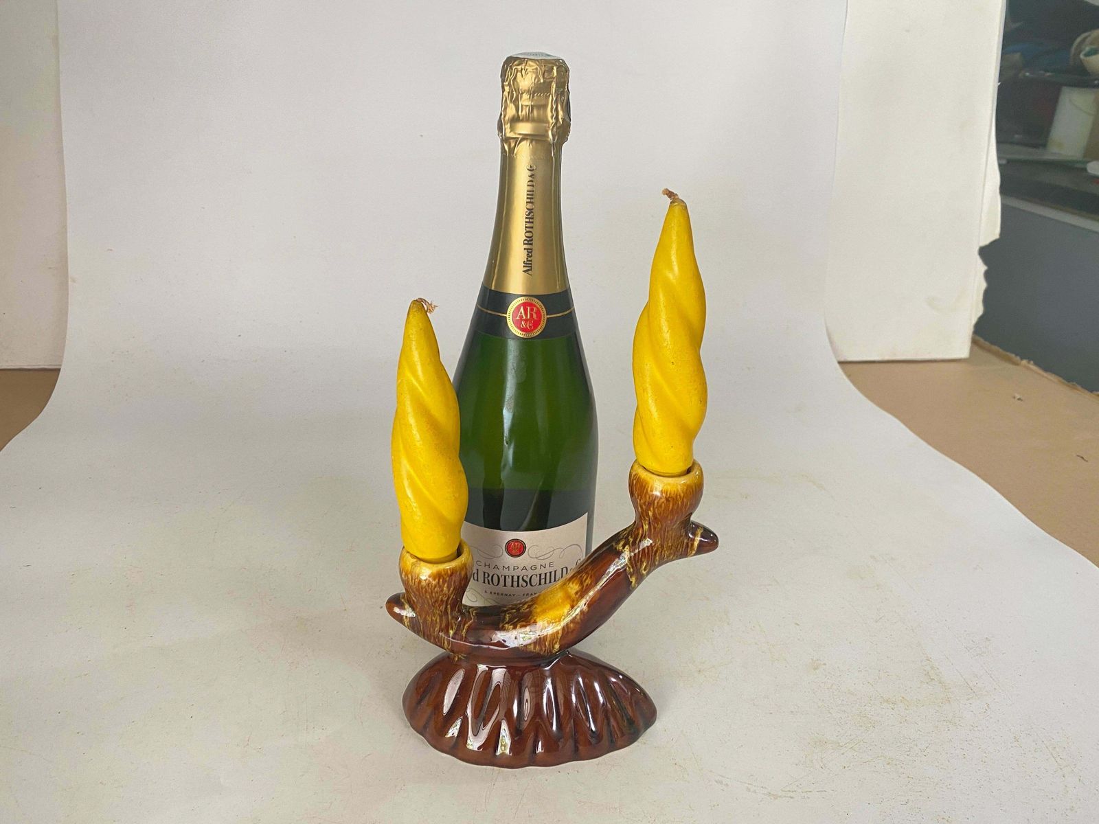 French Pair Pair Of Candle Holder Ceramic France 1970s With Yellow Old Candles photo furniture