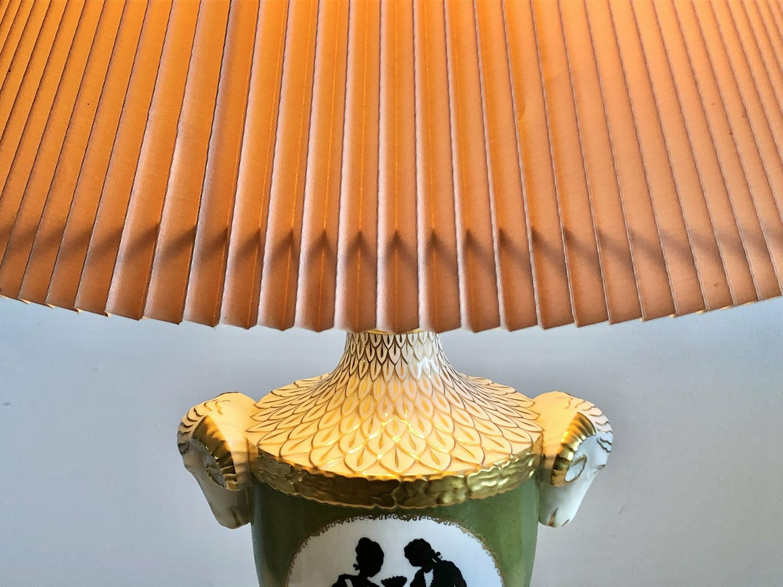 Mid Century Beautiful German Porcelain Handpainted Table Lamp In Gold And Green With Ram Heads   Design By Alka Kunst Bavaria photo Lighting