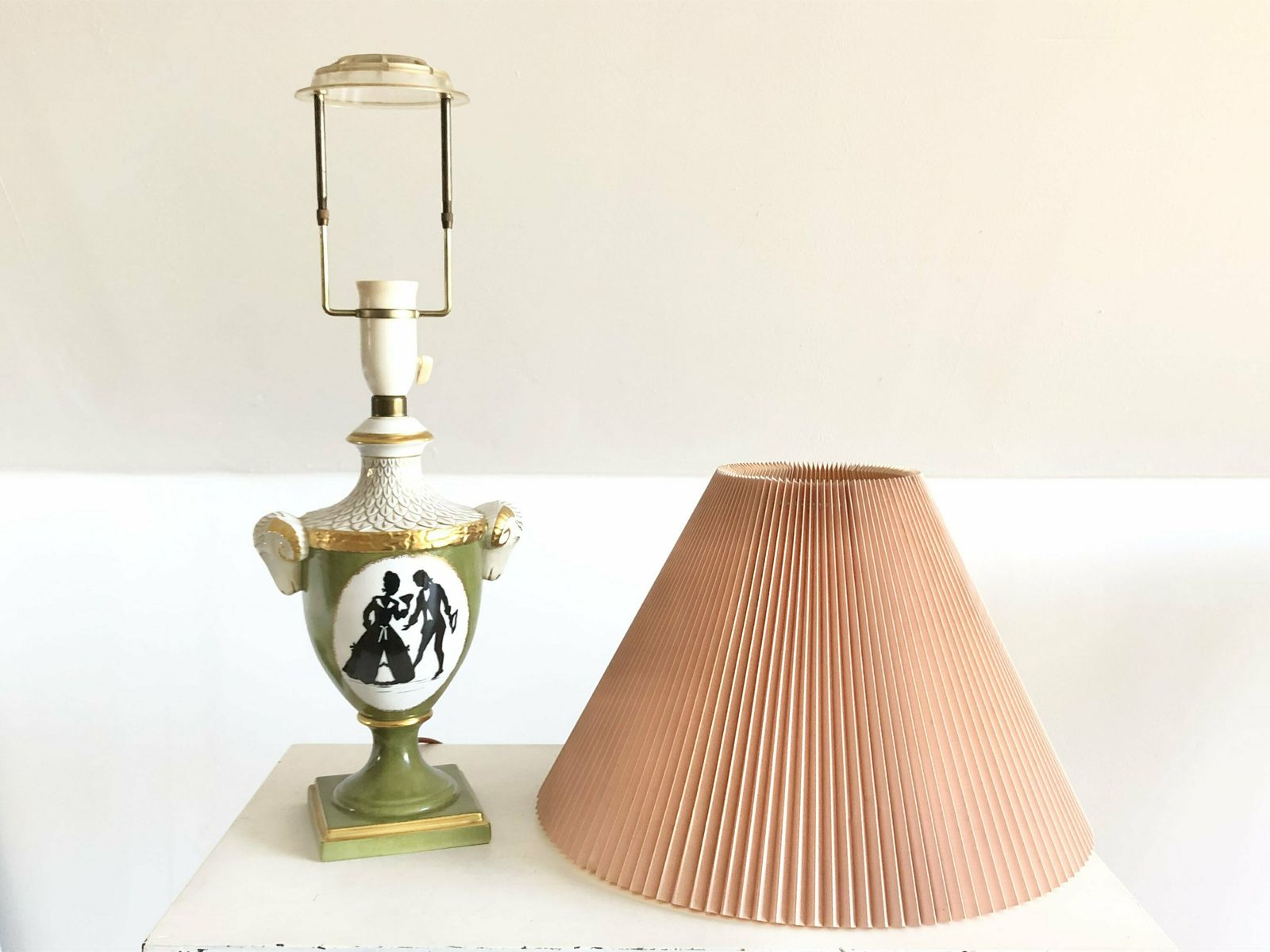 Mid Century Beautiful German Porcelain Handpainted Table Lamp In Gold And Green With Ram Heads   Design By Alka Kunst Bavaria photo vinterior