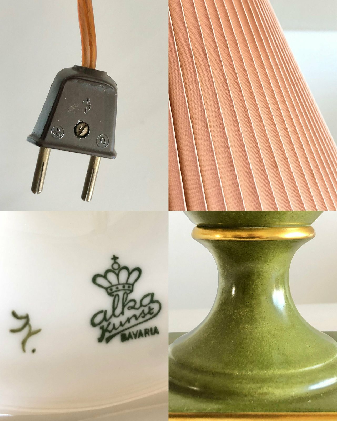 Mid Century Beautiful German Porcelain Handpainted Table Lamp In Gold And Green With Ram Heads   Design By Alka Kunst Bavaria photo vintage