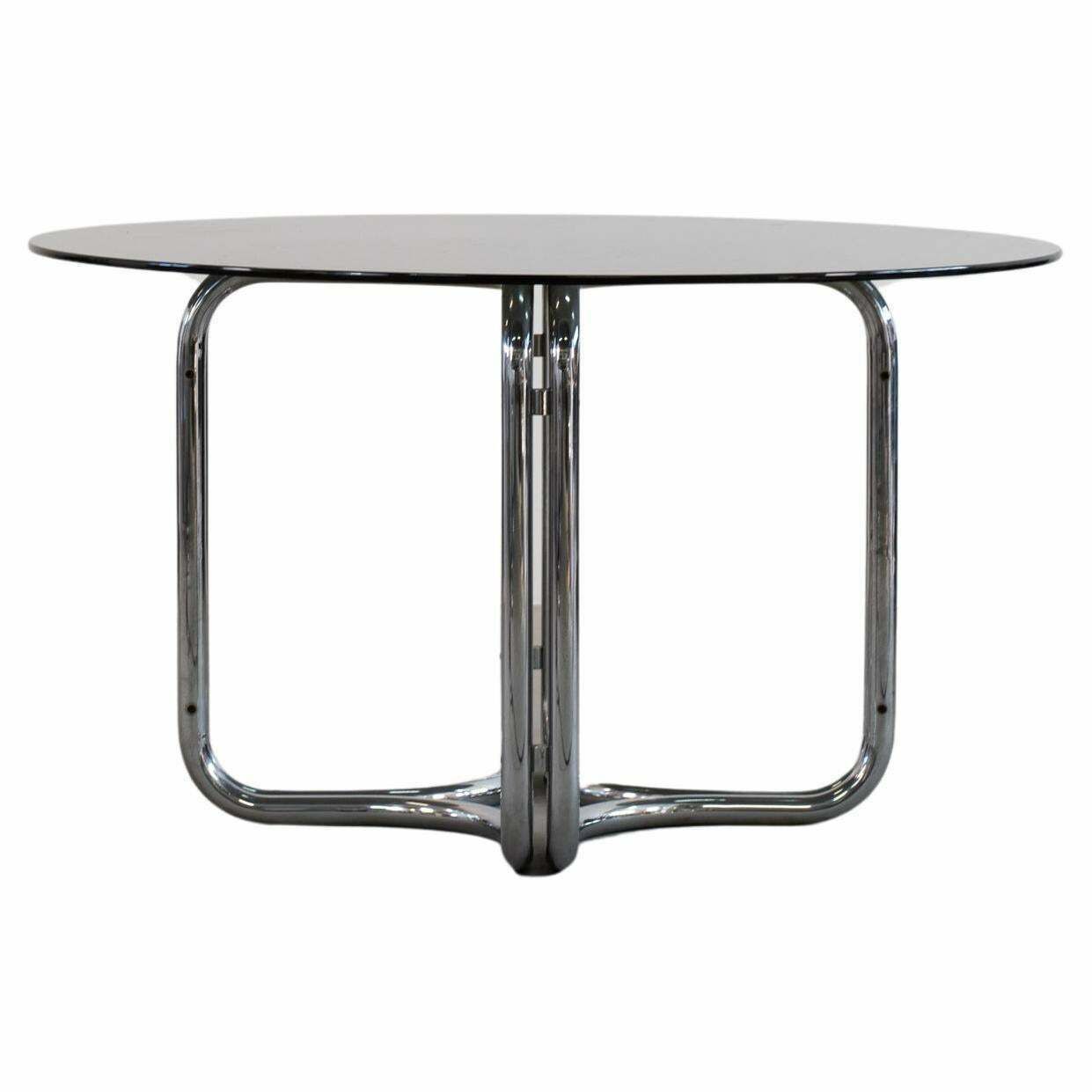 Giotto Stoppino Round Table With Steel Base And Glass Top 1970s Italy