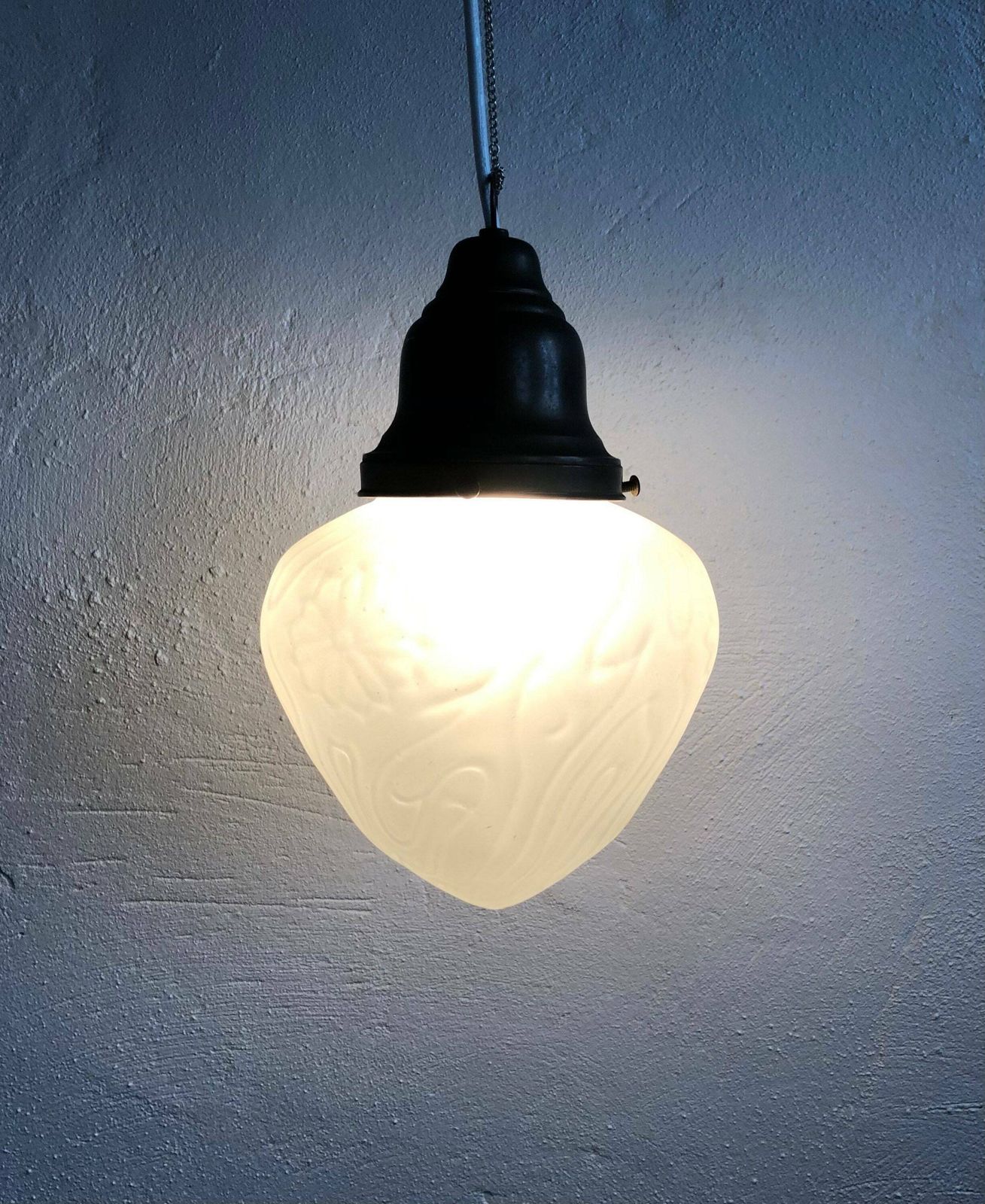 Mid Century Danish Art Deco Style Ceiling Lamp In White Frosted Glass With Organic Flower Pattern