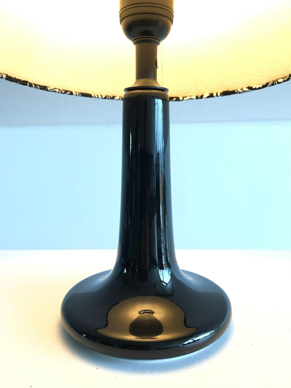 Danish Mid Century Table Lamp In Black Glazed Ceramic Porcelain Base With Black And White Paisley Vintage Fabric Shade   Design By Laoni photo 209.0