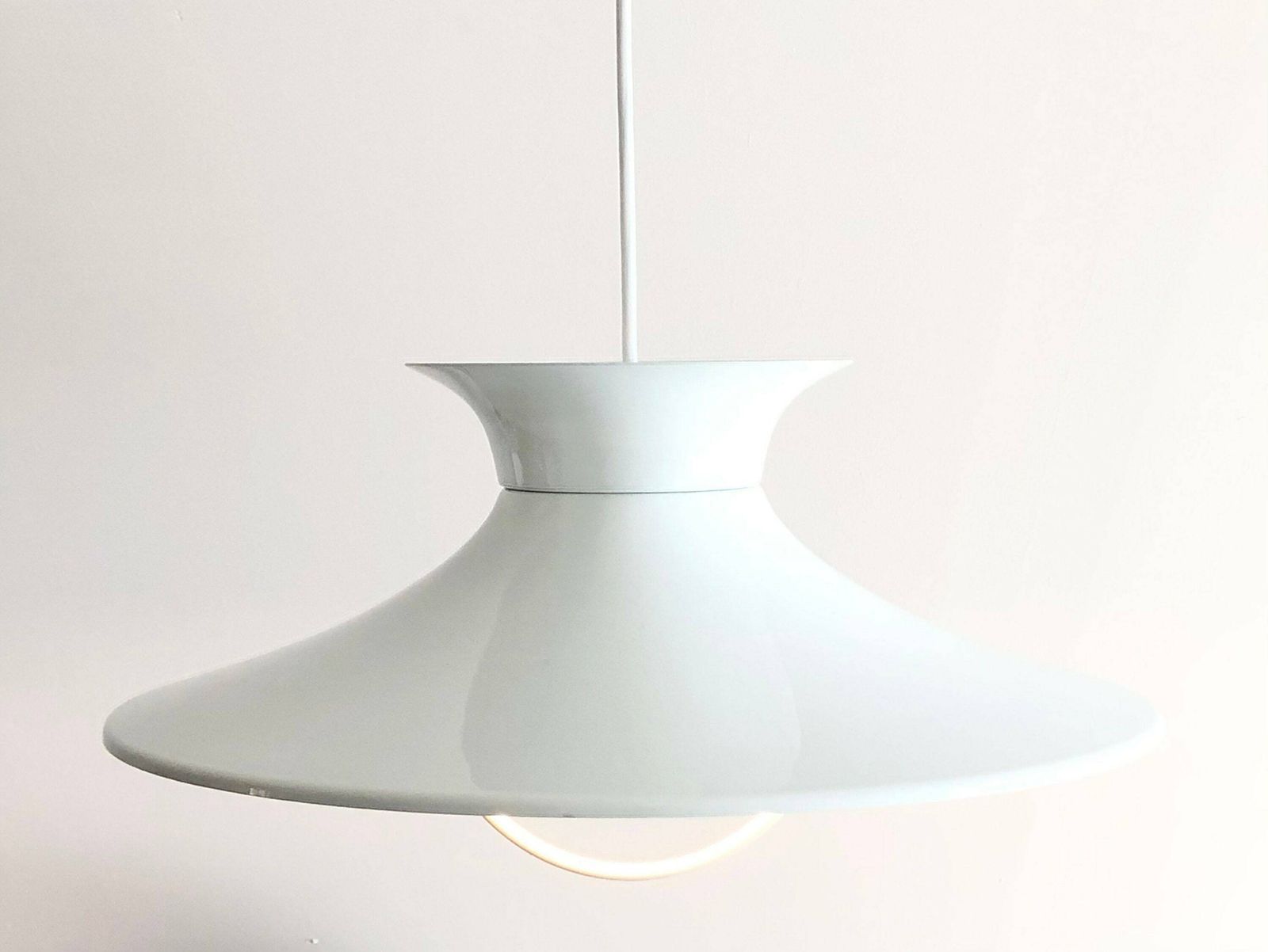 Danish Minimalist Mid Century Design Multilayer Ceiling Lamp In White Metal With Elegant Circle Hanger photo for sale