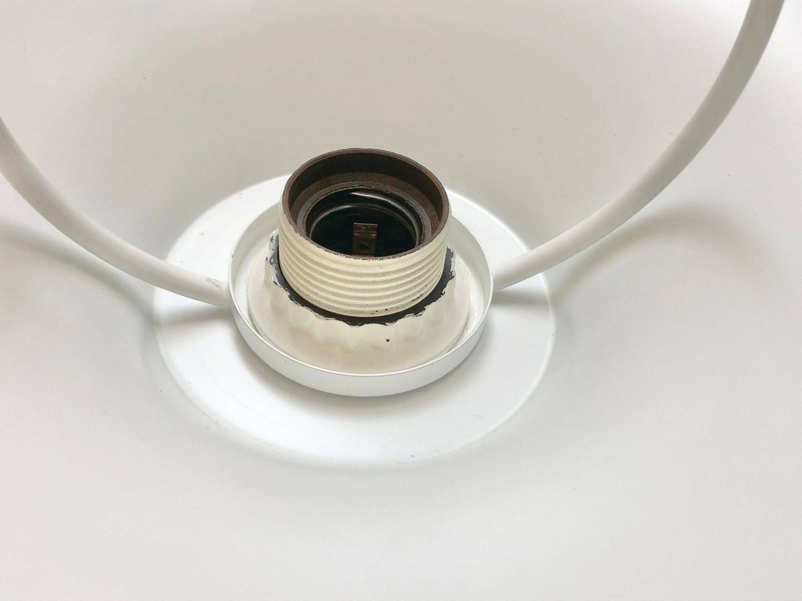 Danish Minimalist Mid Century Design Multilayer Ceiling Lamp In White Metal With Elegant Circle Hanger photo vintage