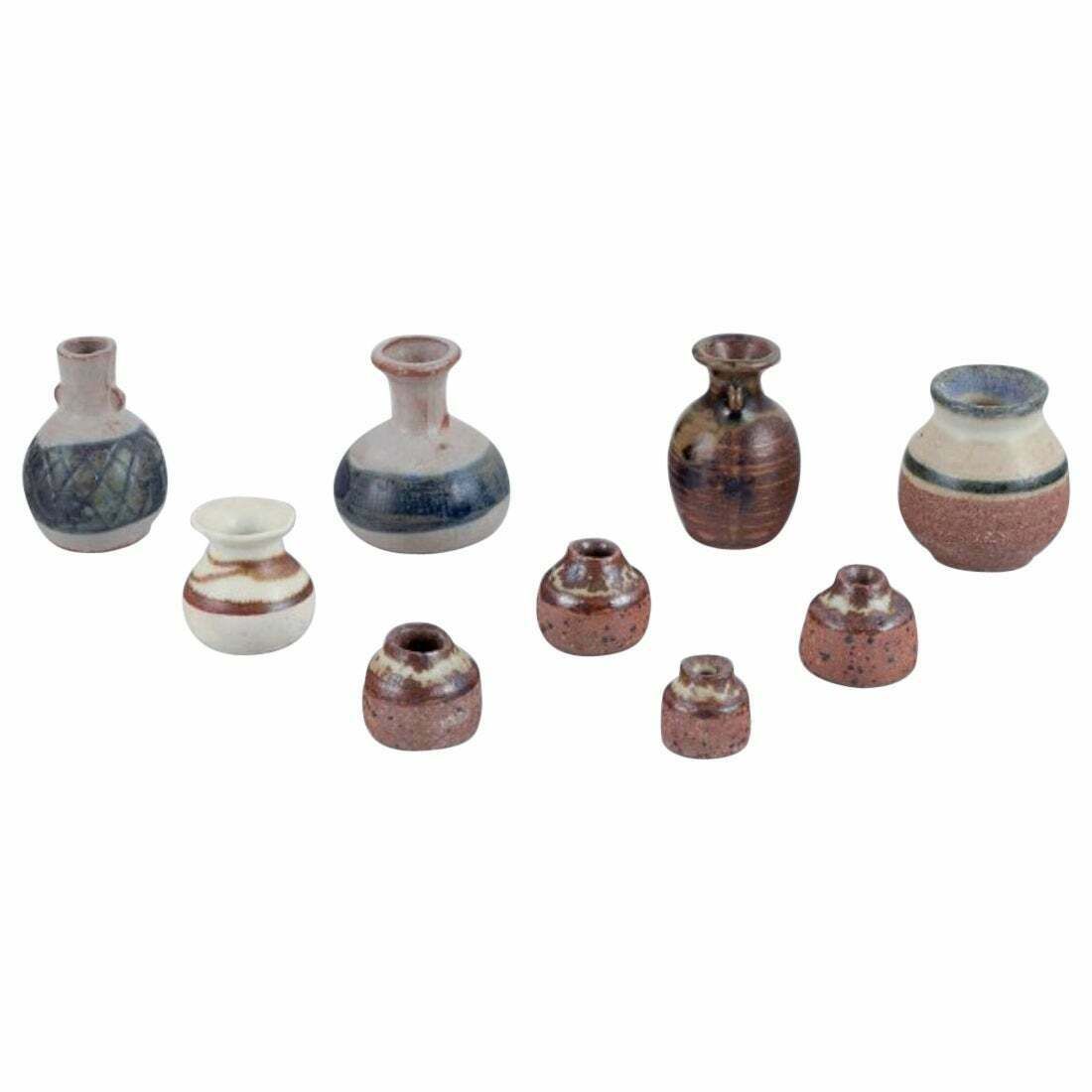 Stouby Keramik, Denmark. Collection Of Nine Miniature Ceramic Vases.