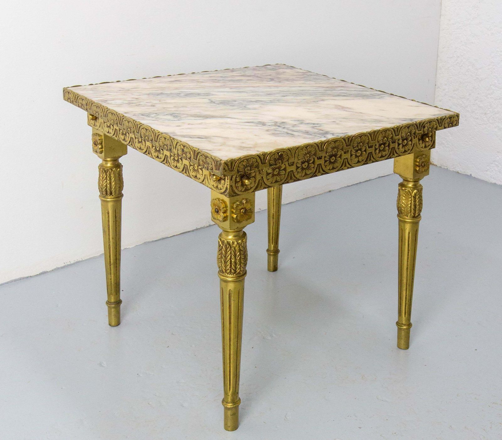 Louis XVI Style Square Side Low Table Brass Marble French, Circa 1960 photo for sale