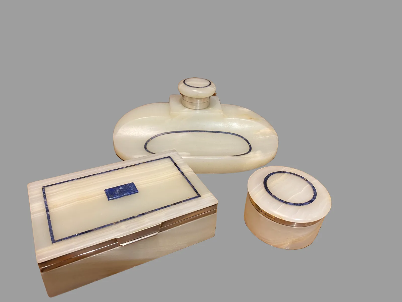 Art Deco Onyx, Lapis & Silver Desk Set, By George Betjemann For Aspreys, London, 1921