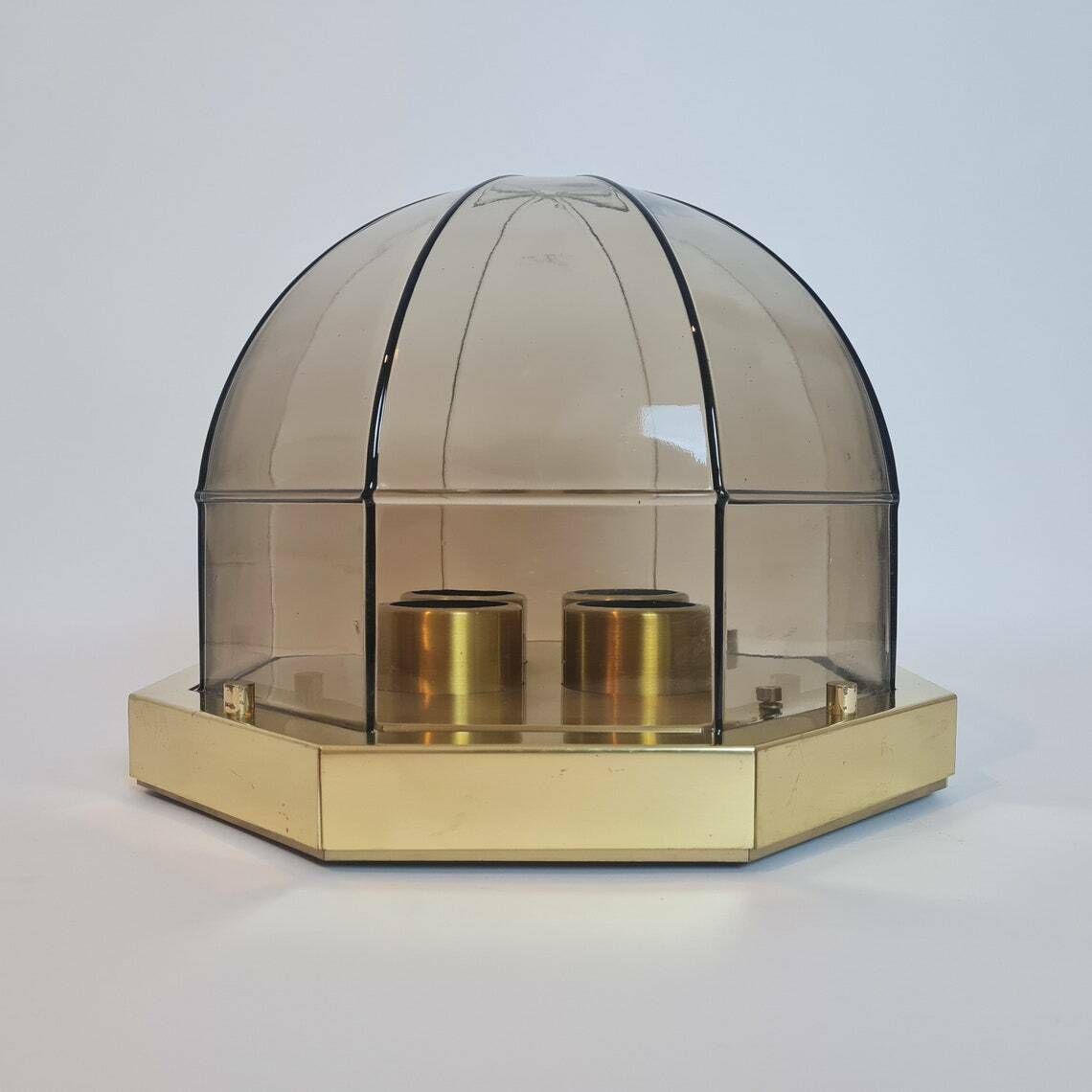 Vintage Hollywood Regency Brass And Smoky Glass Limburg Ceiling Lamp 70s photo furniture