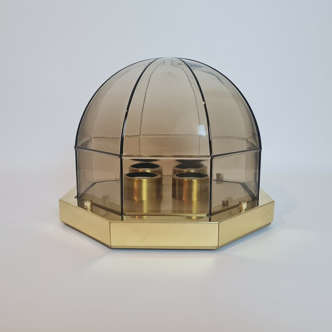 Vintage Hollywood Regency Brass And Smoky Glass Limburg Ceiling Lamp 70s photo Lighting