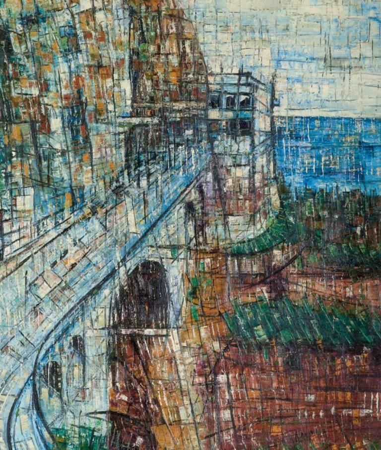 Celisson, French Artist, Futuristic Landscape. Oil On Canvas. 1962 photo for sale