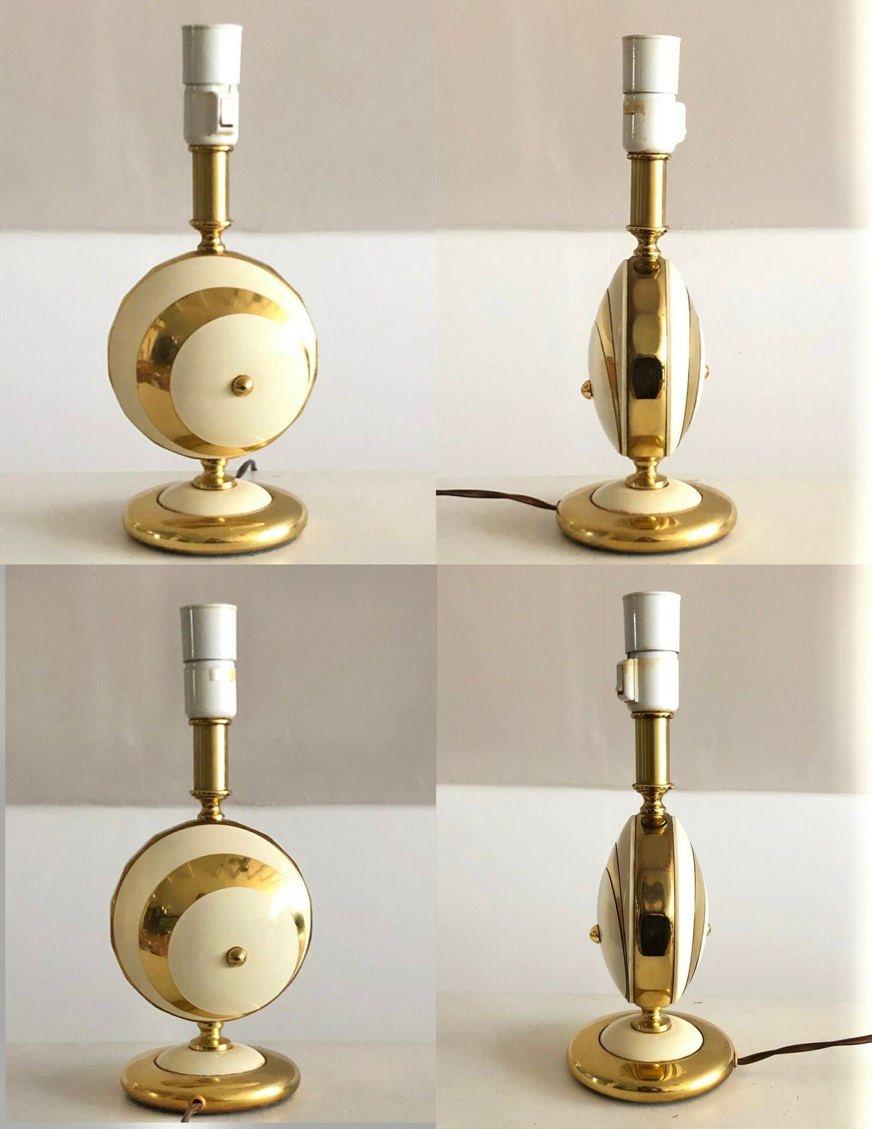 Mid Century Modern Danish Table Lamp With Circular Shapes In White And Brass With Beige Vintage Pleated Shade   Design By Ts Belysning photo vinterior