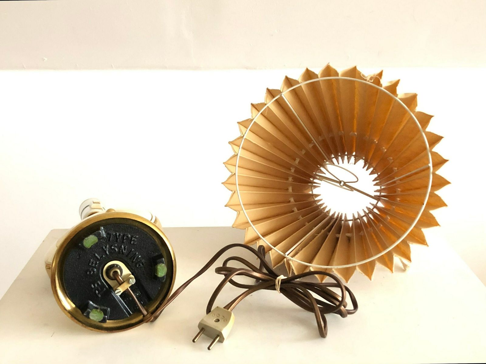 Mid Century Modern Danish Table Lamp With Circular Shapes In White And Brass With Beige Vintage Pleated Shade   Design By Ts Belysning photo vintage