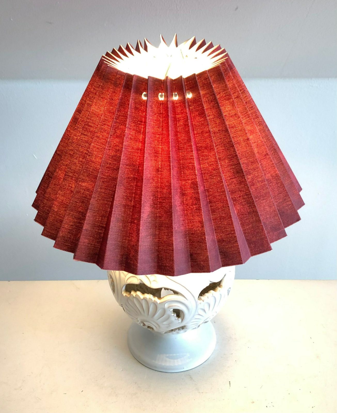 Danish Art Deco Ceramic White Glaze Table Lamp With Beautiful Organic Carved Pattern And Dark Rose Fabric Pleated Shade photo for sale