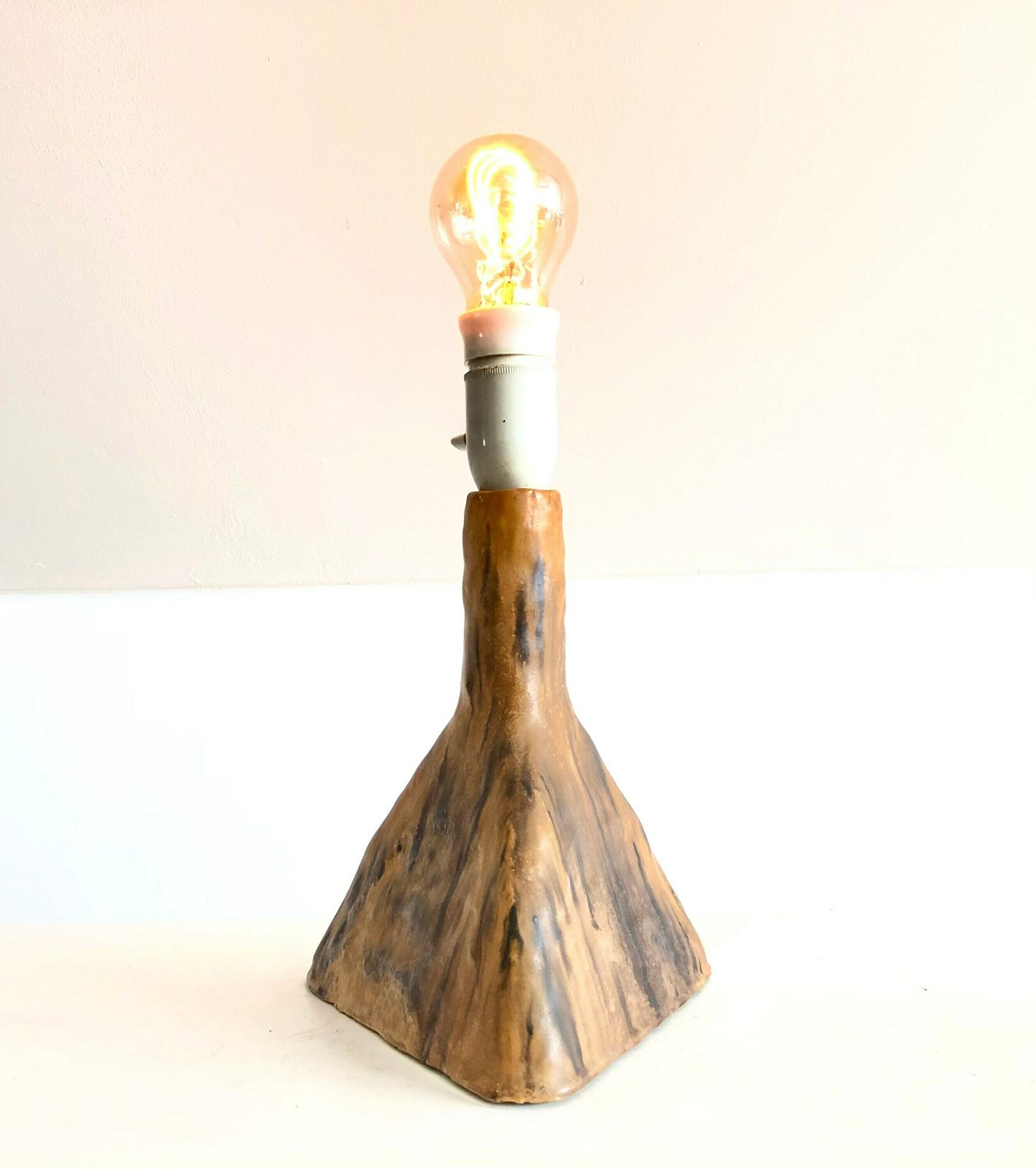 Danish Mid Century Stoneware Sculptural Table Lamp In Triangle Shape With Black And Brown Glaze In Modernist Artistic Design photo furniture