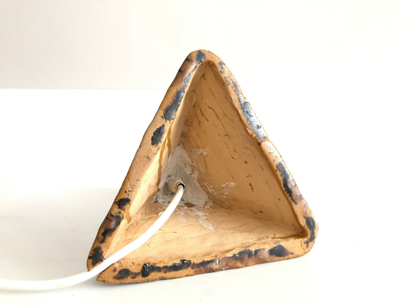 Danish Mid Century Stoneware Sculptural Table Lamp In Triangle Shape With Black And Brown Glaze In Modernist Artistic Design photo vintage