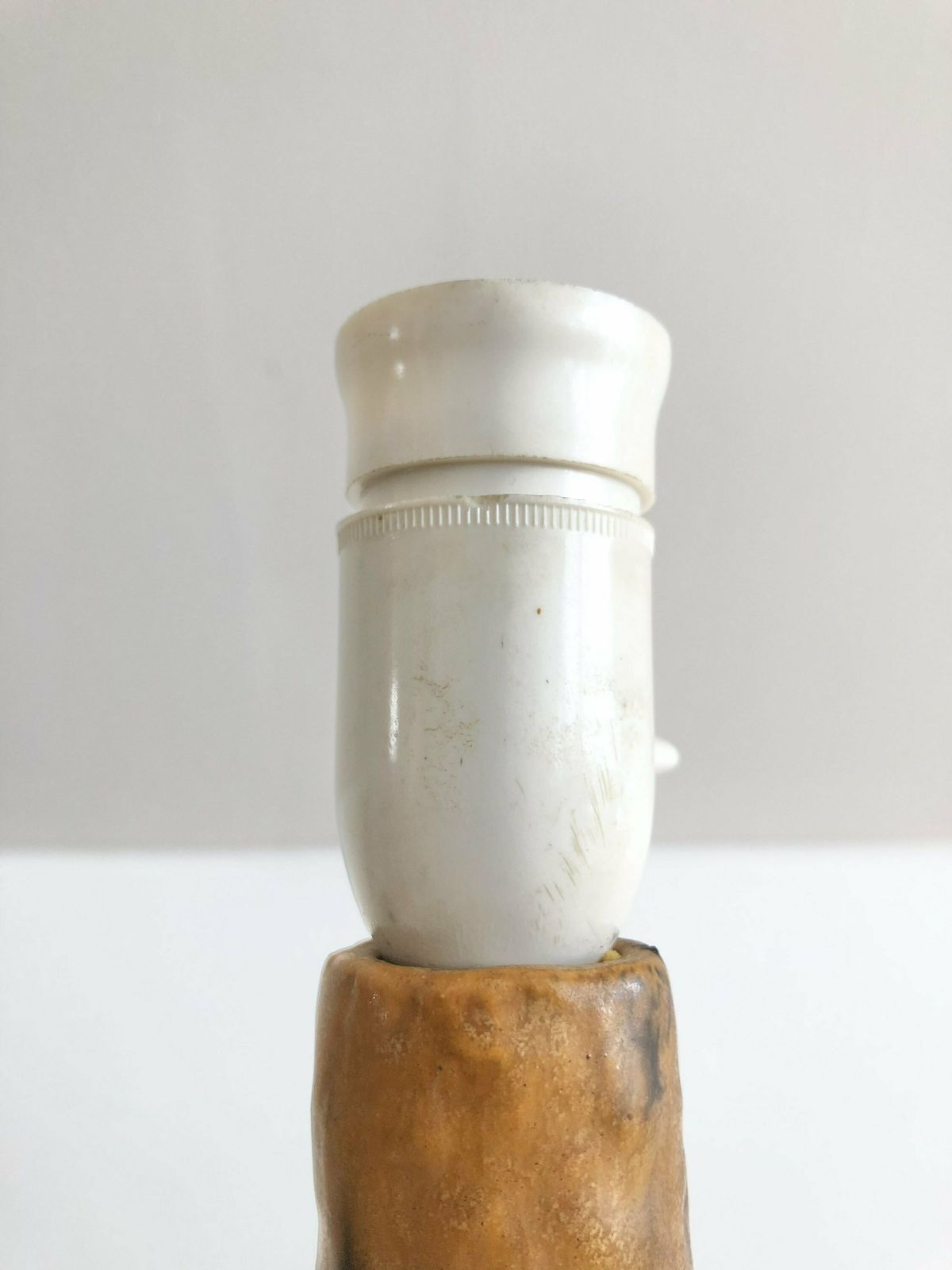 photo furniture Danish Mid Century Stoneware Sculptural Table Lamp In Triangle Shape With Black And Brown Glaze In Modernist Artistic Design