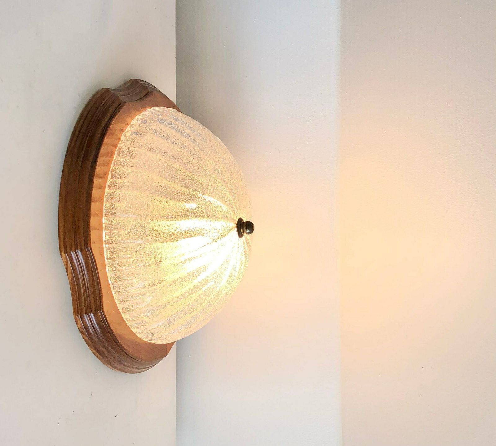 Beautiful Mid Century Design Sconce Lamp With Carved Wood And Bubble Glass Shade In Exquisite Shape