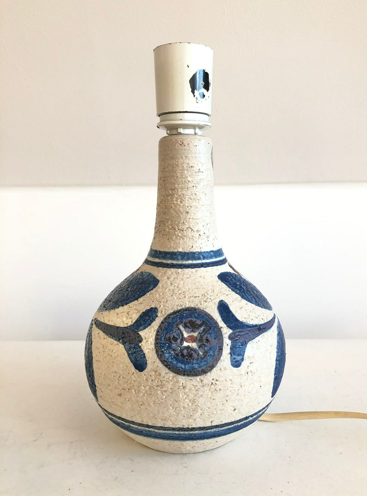 Danish Original Mid Century Modern Stoneware Table Lamp With White Glaze And Gorgeous Blue Decoration   Design By Søholm, Bornholm Denmark photo buy